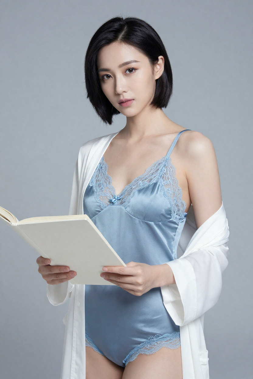 Fictional 28-year-old woman, black hair in a sharp polished bob, smooth fair skin, defined brows, neat